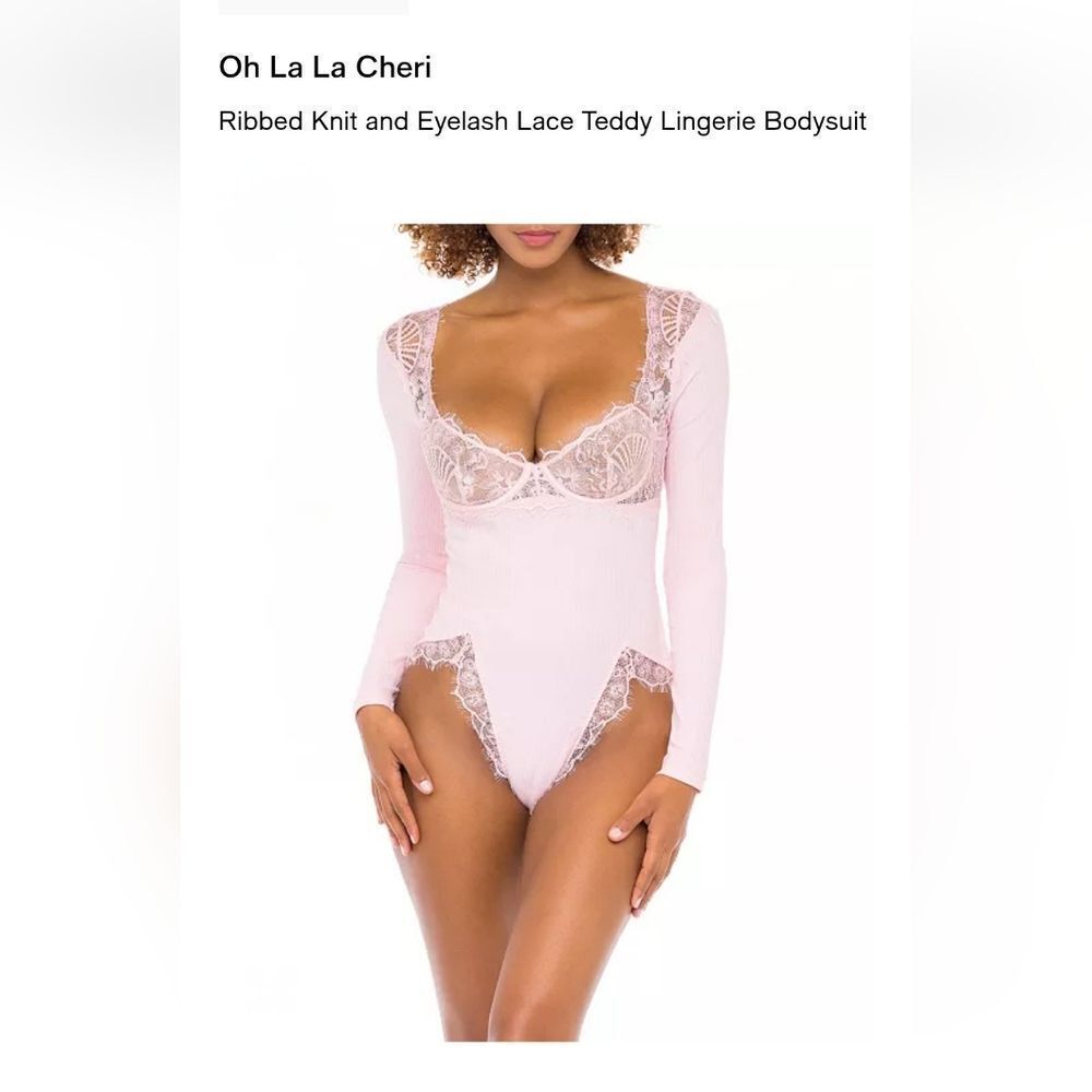 NWT Oh La La CheriRibbed Knit and Eyelash Lace Teddy Lingerie Bodysuit Size S